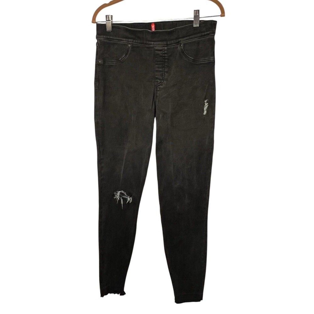 Spanx By Sara Blakely Size Large Skinny Black Pull On Distressed Jeans
